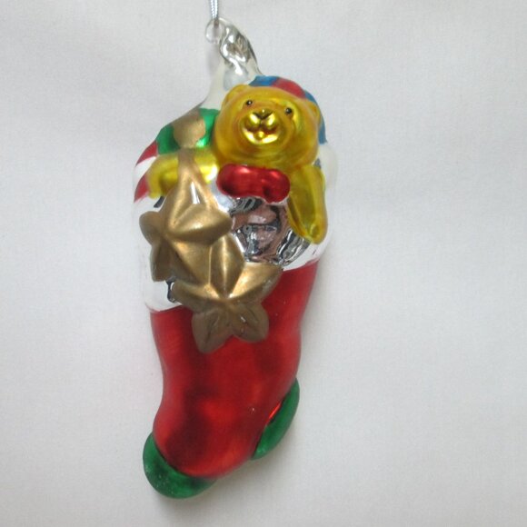 Department 56 Vintage mercury blown glass Teddy Bear in Stocking large Ornament - Picture 1 of 8
